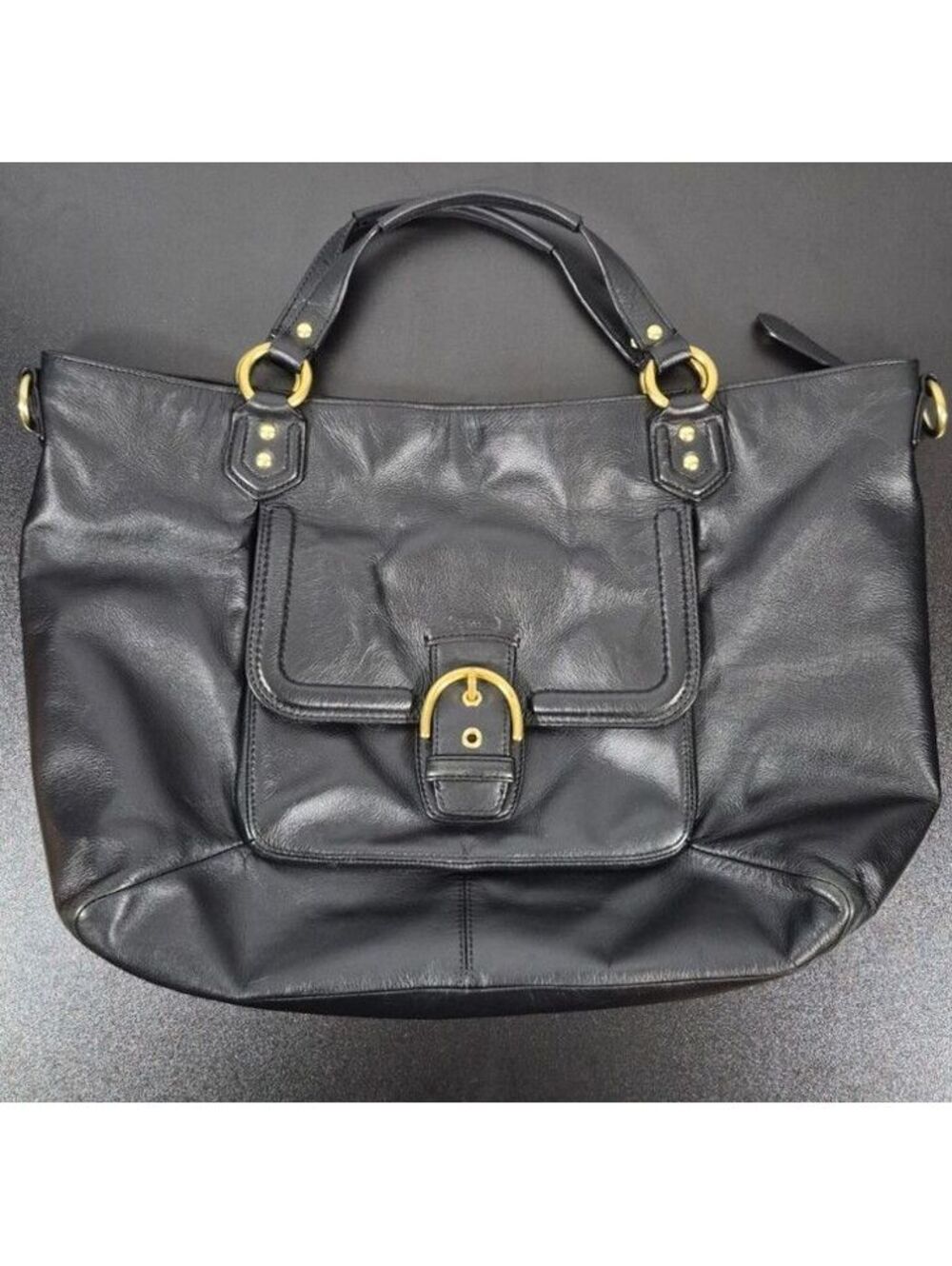 Coach Large Black Leather Satchel Tote Brass Buckle Handbag